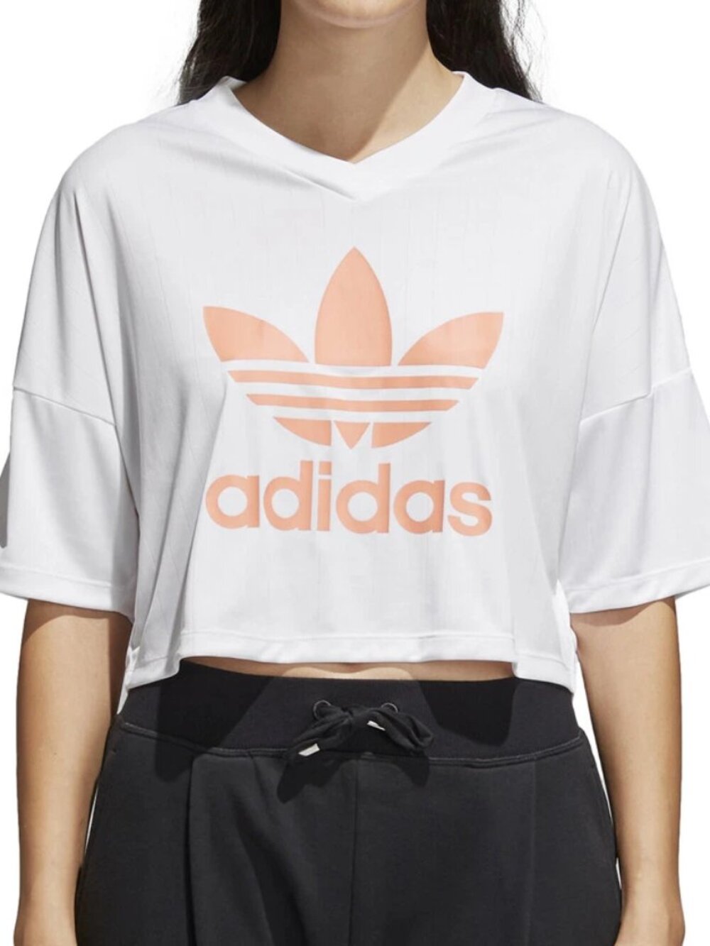 Adidas Women's Originals Trefoil Cropped Length Tee // White-Chalk Coral 